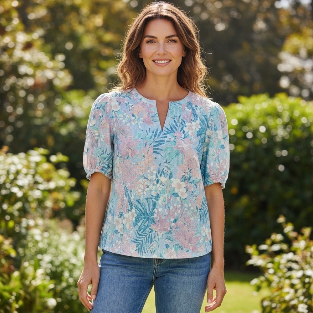 TOMMY BAHAMA Nova Wave Top Sz M Blue Floral Seersucker Puff Sleeve Coastal